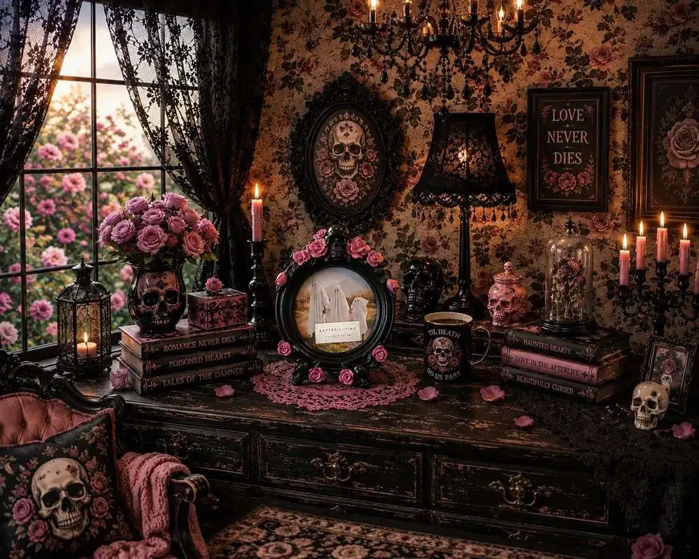 New Halloween Black Pink Round Skull W/ Roses Room Decor Photo Picture Frame 4x4